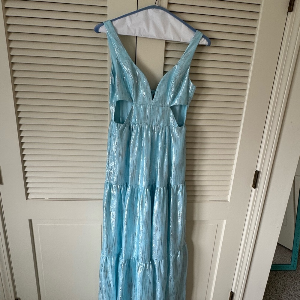 Aidan by Aidan Mattox Women's Blue Organza Tiered Cutout Maxi Dress Size 2 - Picture 3 of 6